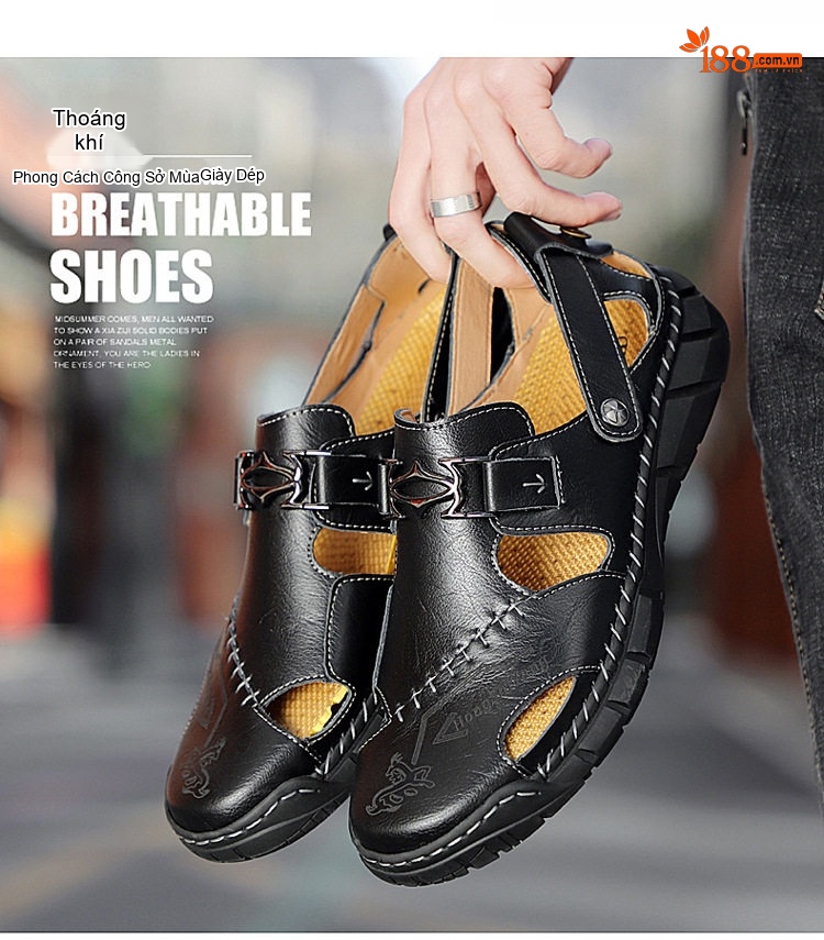 Sandal Nam Da Thật Xỏ Ngón Thoáng Khí Chiều Cao Đế Khoảng 3cm Màu Nâu, Đen chi tiết 5