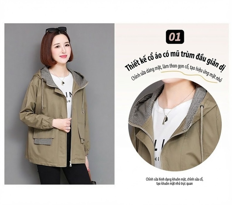 Áo Khoác Gió Nữ Dáng Lỡ Có Mũ Trùm Đầu Phong Cách Xuân Màu Be, Đỏ Gạch, Xanh Olive chi tiết 2