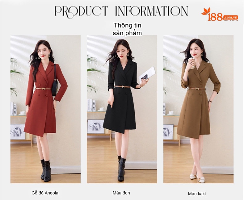 Váy Vest Nữ Dáng Dài Tay Dài Phong Cách Thanh Lịch Màu Đỏ, Đen, Nâu chi tiết 7