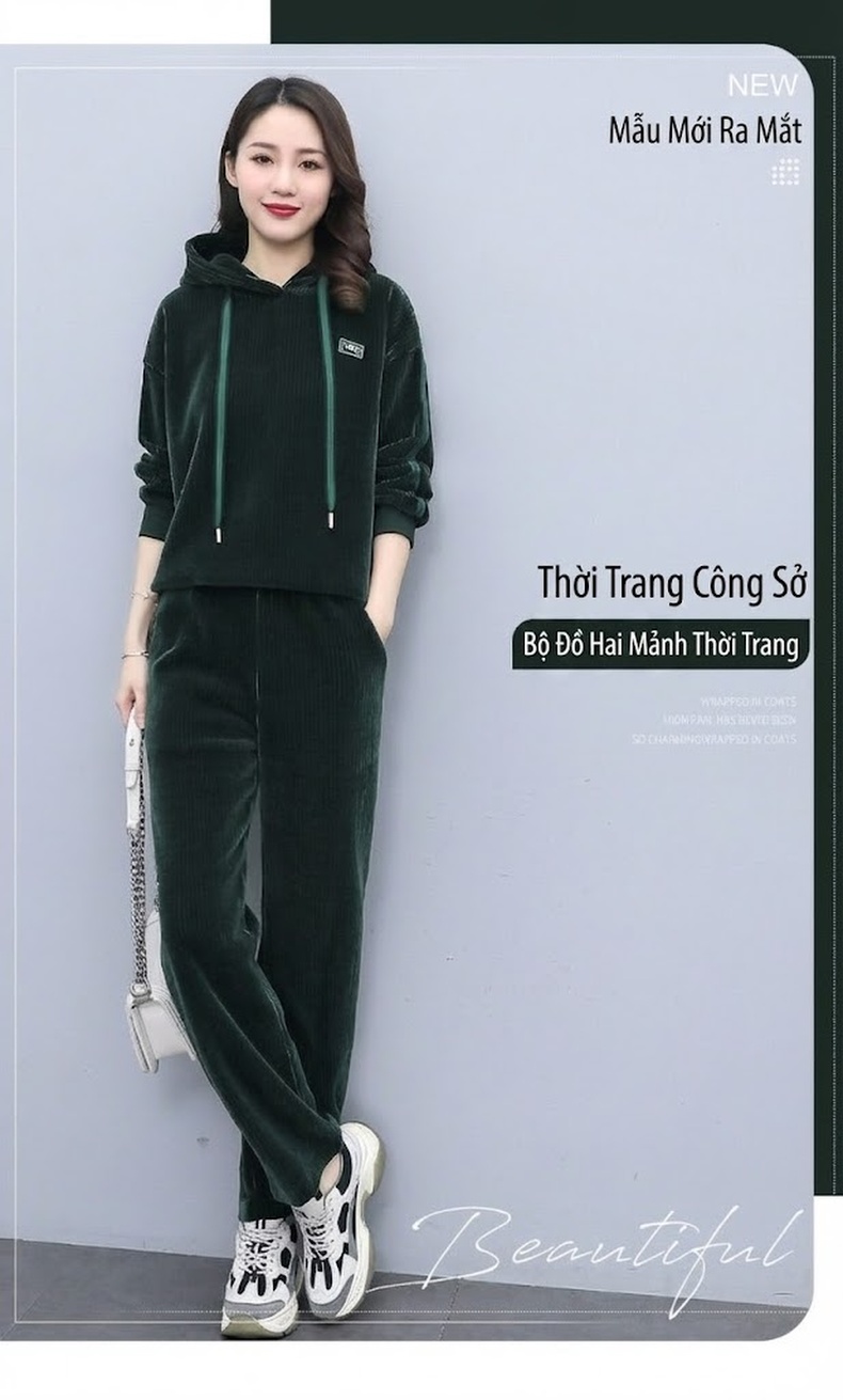 Bộ Đồ Nỉ Nhung Dài Tay Có Mũ Thu Đông Phong Cách Thời Trang Màu Xanh Lá chi tiết 3