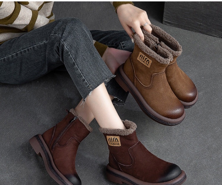 Boot Nữ Ngắn Cổ Lót Lông Giữ Ấm Mùa Đông Chiều Cao Đế Khoảng 3cm Màu Nâu chi tiết 17