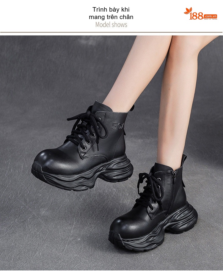 Boot Nữ Da Bò Cổ Lửng Phong Cách Âu Mỹ Chiều Cao Đế Khoảng 5cm Màu Đen, Nâu chi tiết 7