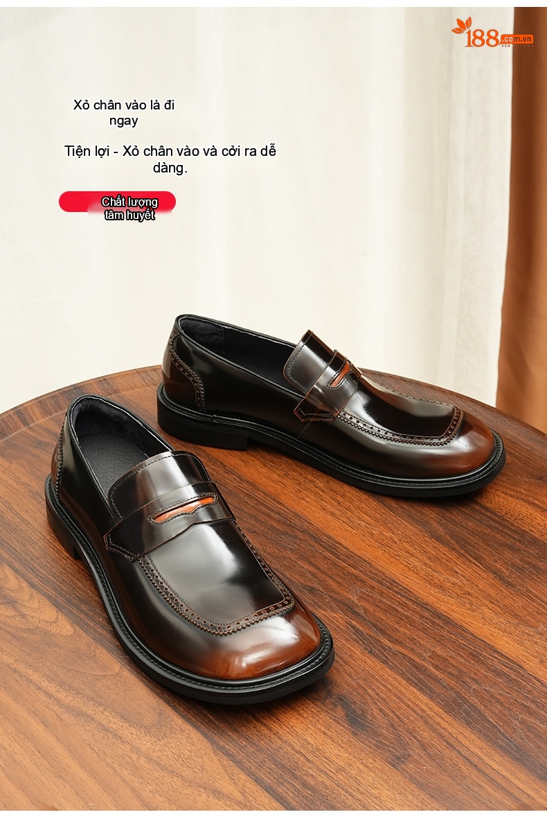 Giày Lười Nam Da Bò Mũi Vuông Da Bóng Chiều Cao Đế Khoảng 3cm Màu Đen, Nâu chi tiết 4