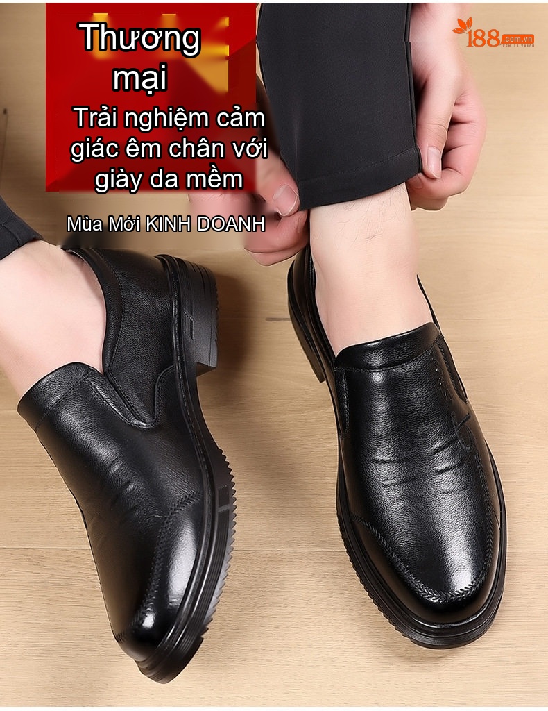 Giày Lười Nam Da Bò Đầu Tròn Chiều Cao Đế Khoảng 3cm Màu Đen chi tiết 5