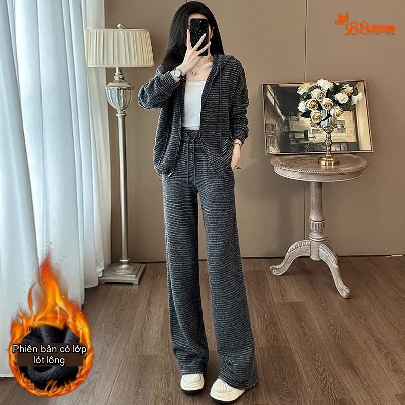 Bộ Đồ Nữ Áo Khoác Có Mũ Kéo Khóa Quần Ống Rộng Kẻ Sọc Lót Lông Dày Dặn Phong Cách Hàn Quốc Màu Xám chi tiết 1