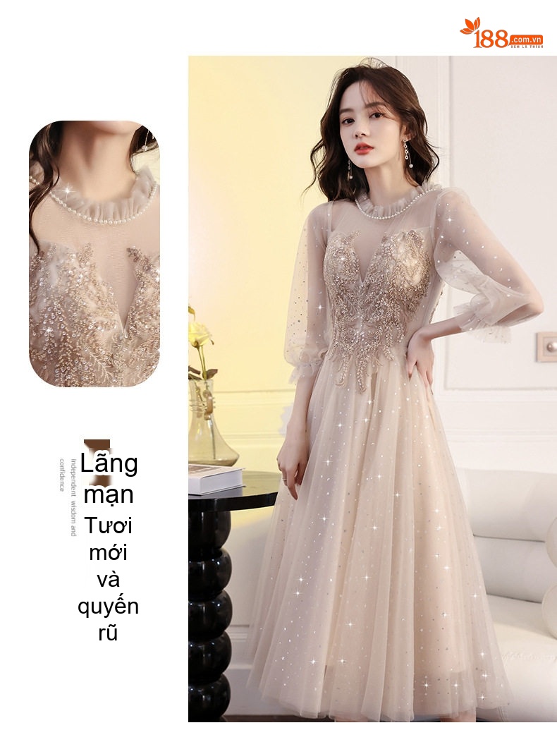 Váy Dự Tiệc dáng chữ A Tay Lỡ Chất Voan Thêu Hoa Phong Cách Tiên Nữ Màu Be, Đỏ chi tiết 12