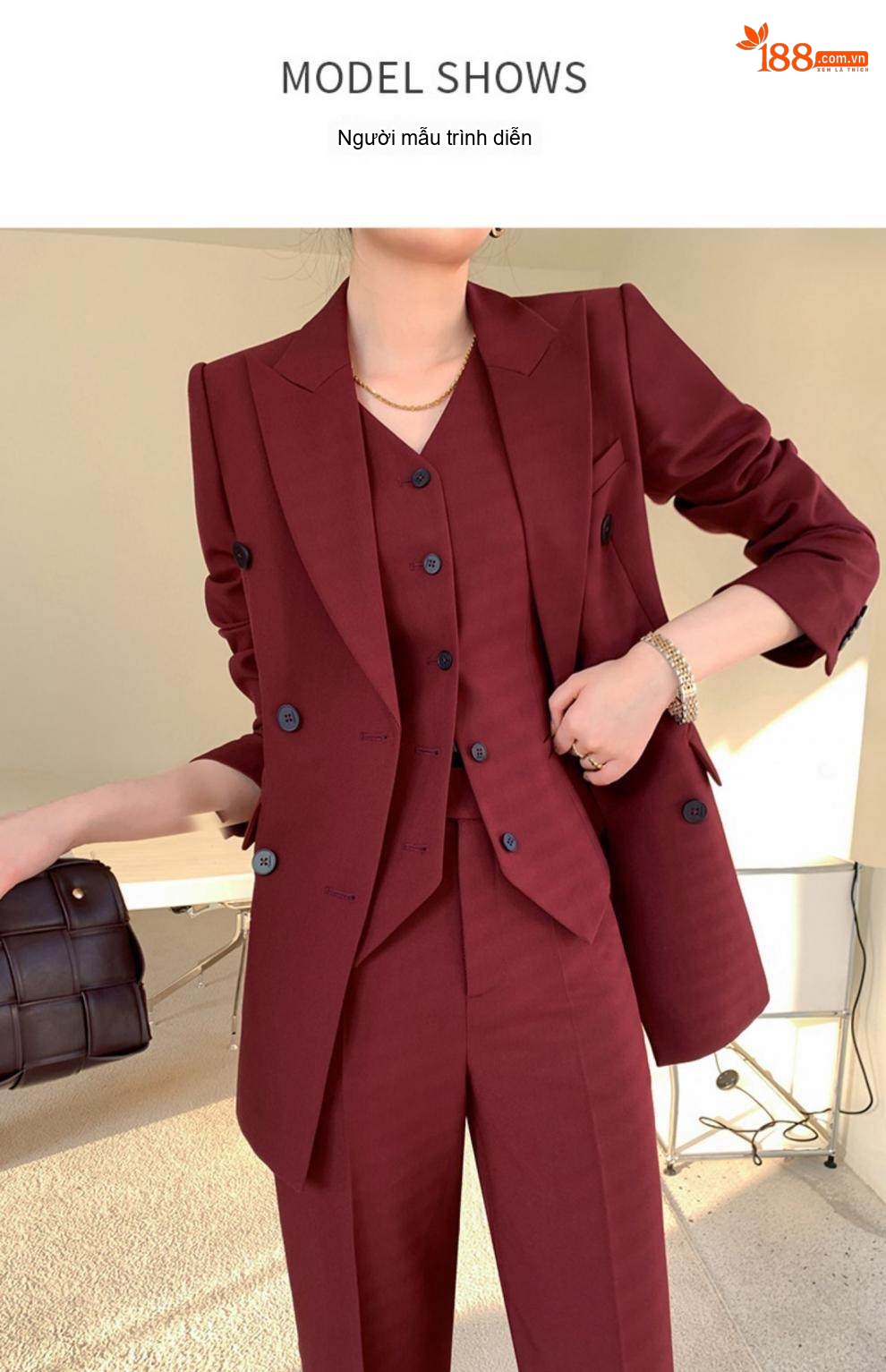 Bộ Vest Nữ Cao Cấp Áo Khoác Blazer, Áo Gilet, Quần Tây Phong Cách Ulzzang Màu Đỏ Rượu Vang chi tiết 3