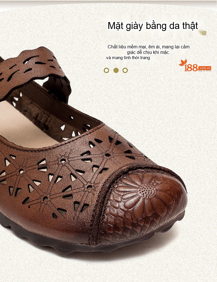 Dép Sandal Nữ Da Bò Lười Xỏ Ngón Lưới Thoáng Khí Đế Cao 3cm - 4cm Màu Nâu, Kem chi tiết 4