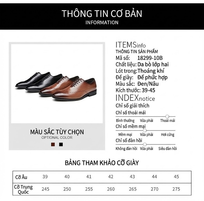 Giày Tây Buộc Dây Nam Da Thật Brogue Chiều Cao Đế Khoảng 3cm Màu Đen, Nâu chi tiết 3
