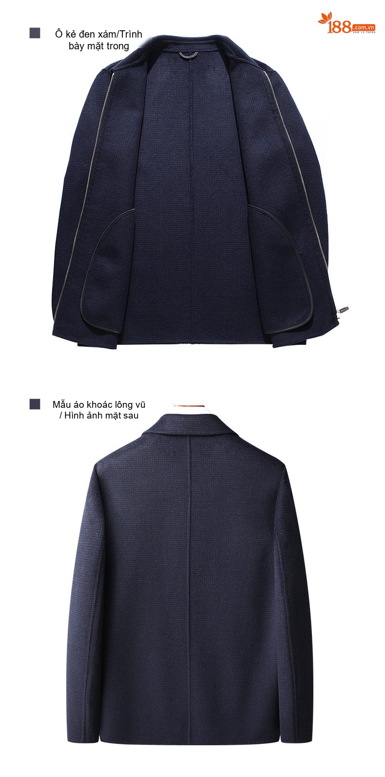 Áo Khoác Nam Hai Mặt Nỉ Lông Cừu Cổ Bẻ Dáng Bomber Màu Xanh Navy chi tiết 29