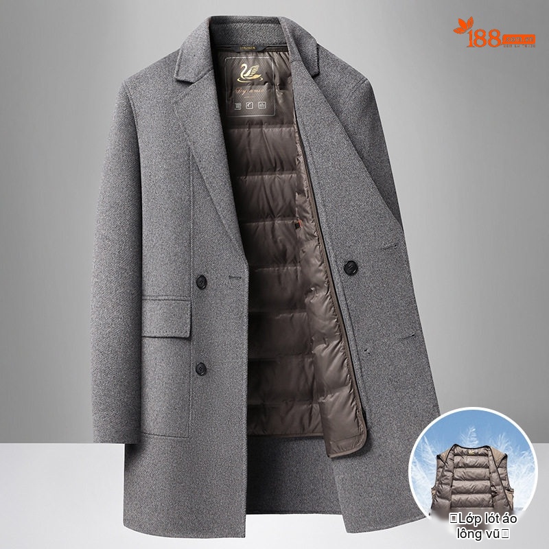 Áo Khoác Dạ Nam Dáng Dài Lót Lông Vũ Tháo Rời Cổ chữ Vest Phong Cách Doanh Nhân Màu Đen, Xám