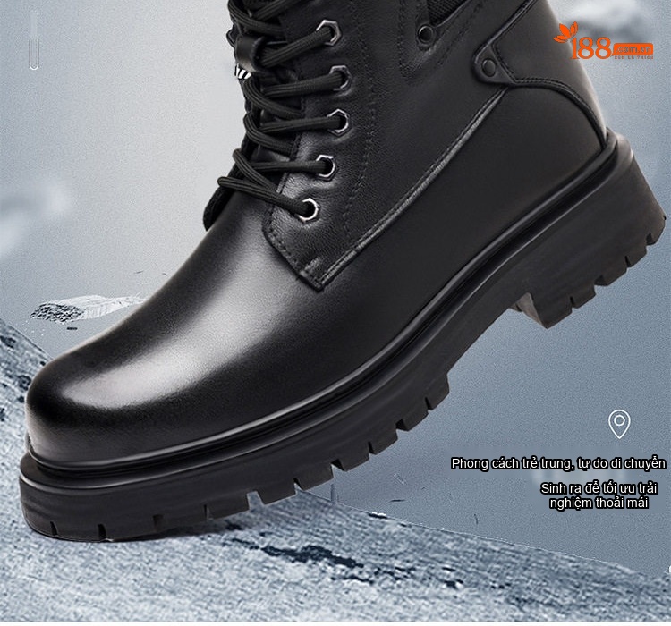 Boot Nam Da Thật Lông Cừu Giữ Ấm Chiều Cao Đế Khoảng 4cm Màu Đen chi tiết 2