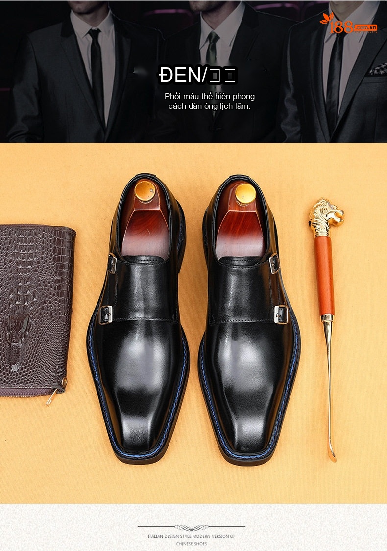 Giày Monkstrap Khóa Cài Nam Da Thật Mũi Vuông Chiều Cao Đế Khoảng 3cm Màu Đen, Nâu chi tiết 3