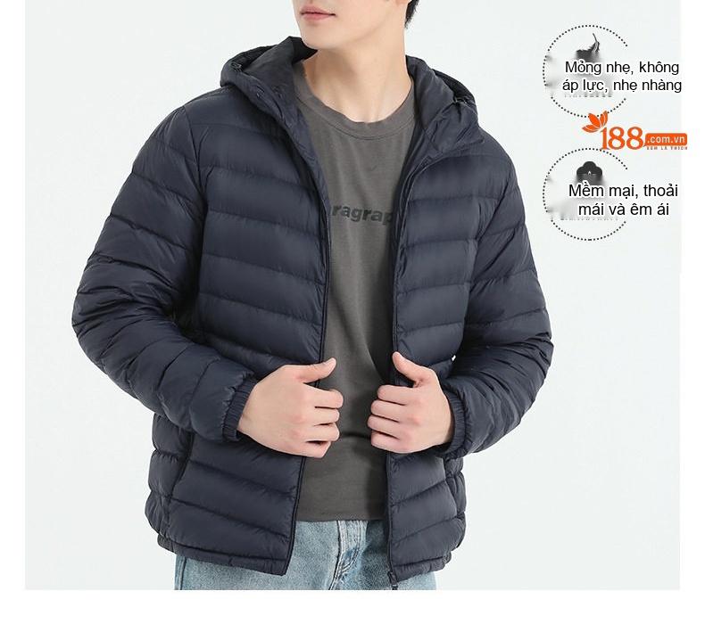 Áo Khoác Phao Nam Dáng Ôm Có Mũ Trùm Đầu Nhẹ Mỏng Thời Trang Màu Đen, Xanh Navy, Xám chi tiết 10