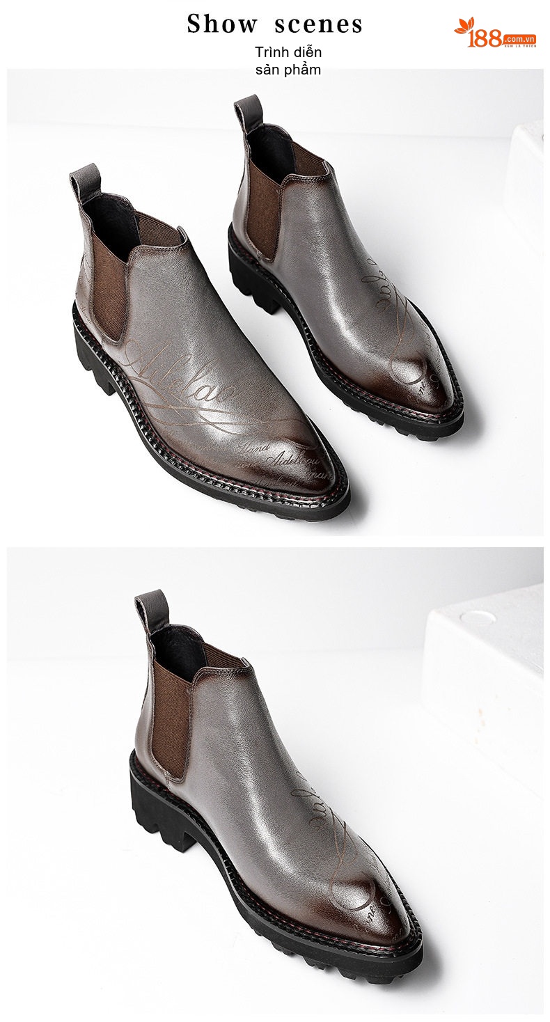 Boot Chelsea Nam Da Bò Mũi Nhọn Khắc Hoa Chiều Cao Đế Khoảng 4cm Màu Đen, Nâu chi tiết 7