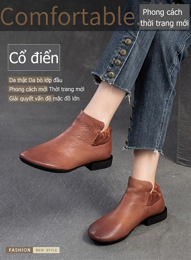 Giày Boot Nữ Da Bò Lười Đi Chiều Cao Đế Khoảng 2cm Màu Đen, Nâu chi tiết 1