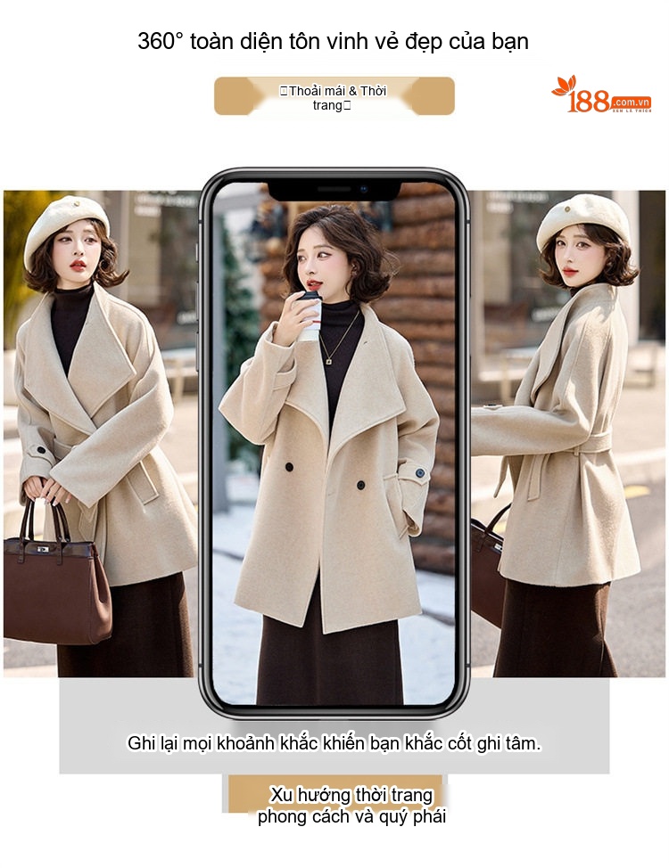 Áo Khoác Dạ Nữ Dáng Ngắn Wool Thiết Kế Thắt Eo Tôn Dáng Màu Be, Xám chi tiết 5