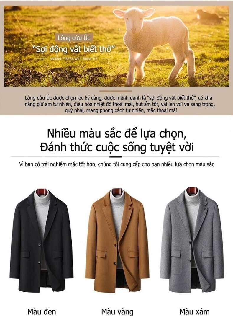 Áo Khoác Dạ Nam Lót Lông Vũ Tháo Rời Dáng Ôm Vừa Màu Xám, Nâu, Đen chi tiết 27