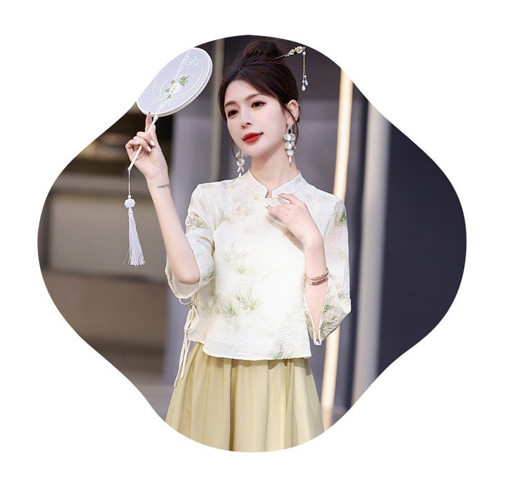 Set Áo Kiểu Tay Lỡ Họa Tiết Cổ Tàu và Chân Váy Chữ A Lưng Cao Phong Cách Trung Hoa Màu Vàng, Xanh chi tiết 4