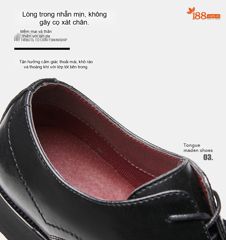 Giày Tây Buộc Dây Nam Da Bóng Mũi Nhọn Chiều Cao Đế Khoảng 3cm Màu Đen, Nâu chi tiết 7
