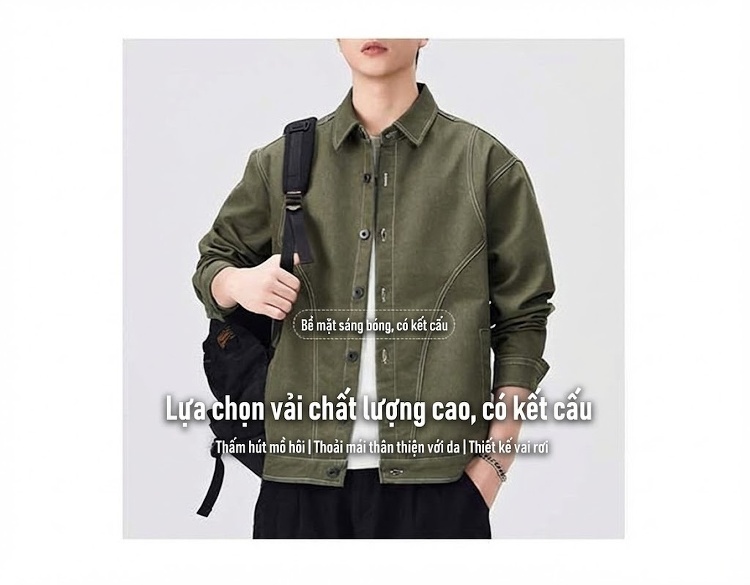 Áo Khoác Nam Tay Dài Vải Canvas Thiết Kế Retro Phối Màu Phong Cách Mỹ Màu Xanh Olive, Xanh Navy chi tiết 3