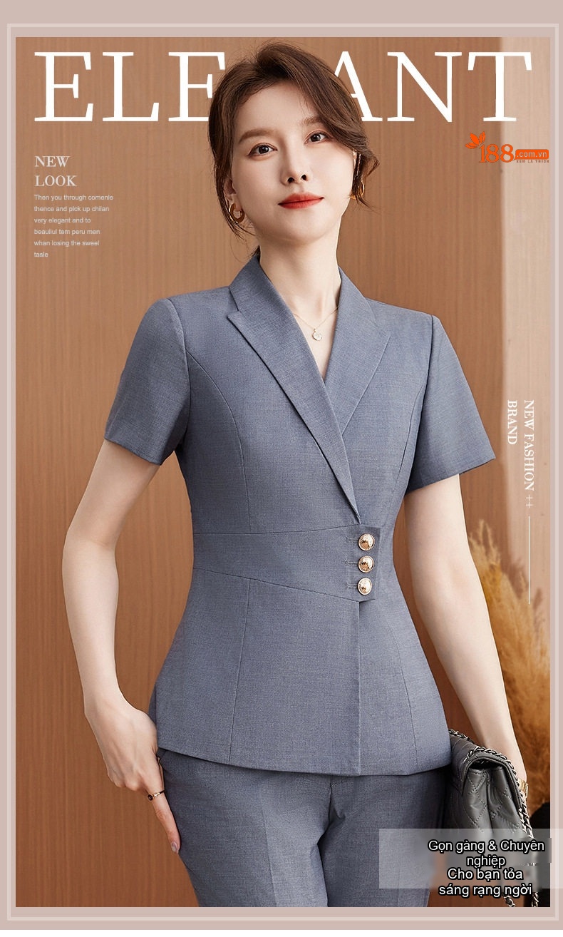 Bộ Vest Công Sở Nữ Tay Ngắn Áo Khoác Chân Váy Màu Đen, Xám, Xanh Navy chi tiết 2