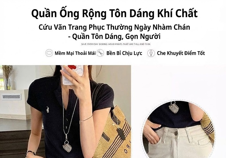 Quần Jean Nữ Ống Loe Rộng Lưng Cao Dáng Suông Màu Trắng Kem chi tiết 5