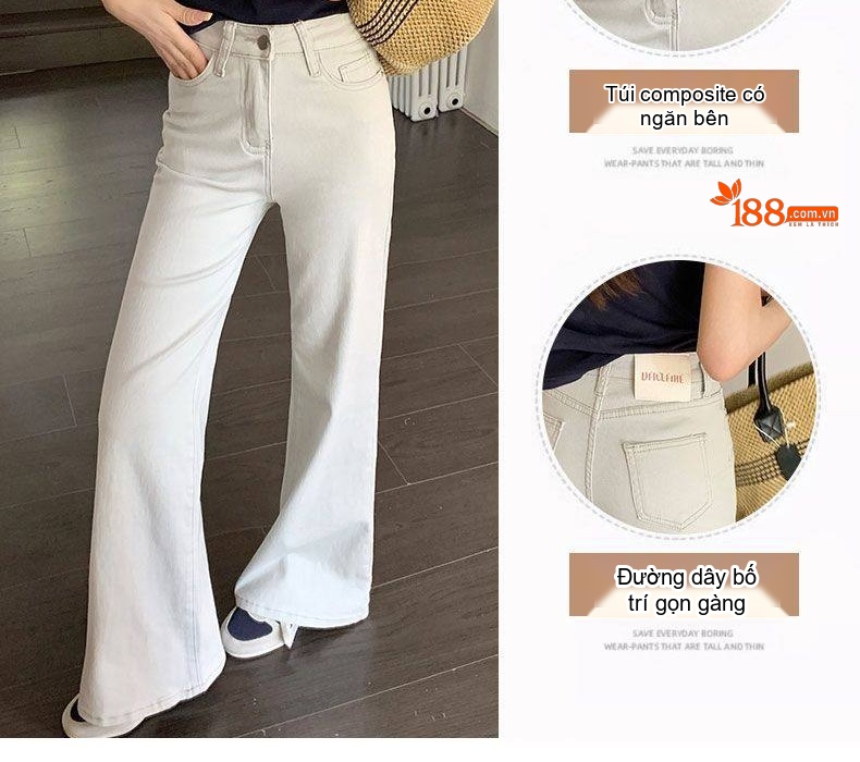 Quần Jean Nữ Ống Loe Rộng Lưng Cao Dáng Suông Màu Trắng Kem chi tiết 6