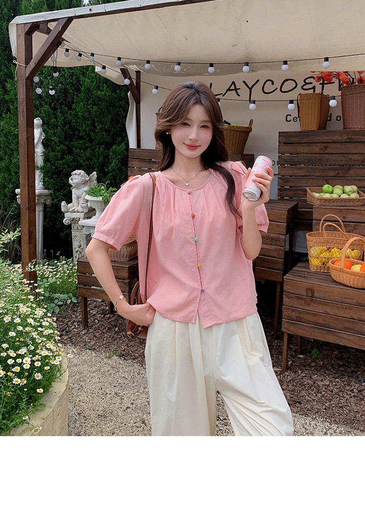 Set Áo Sơ Mi Tay Ngắn Cúc Màu Quần Ống Rộng Nữ Phong Cách Thời Trang Màu Hồng, Trắng chi tiết 18