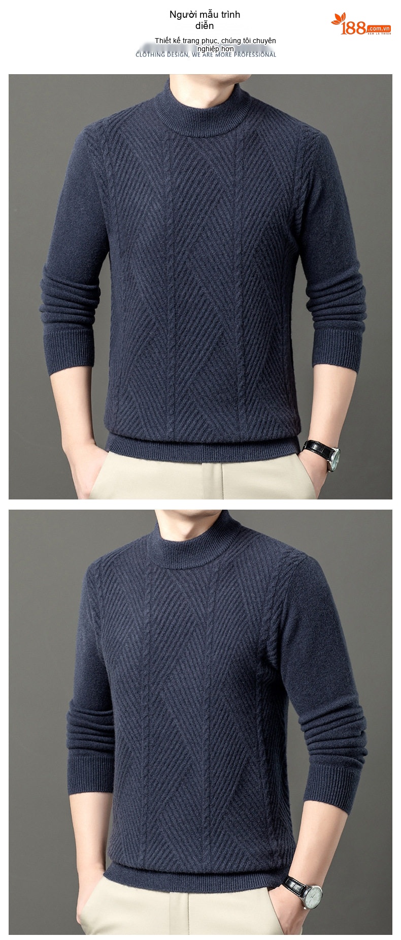 Áo Len Nam 100% Cashmere Dệt Kim Dày Dặn Giữ Ấm Cổ Cao Màu Nâu, Xám, Xanh Navy chi tiết 11