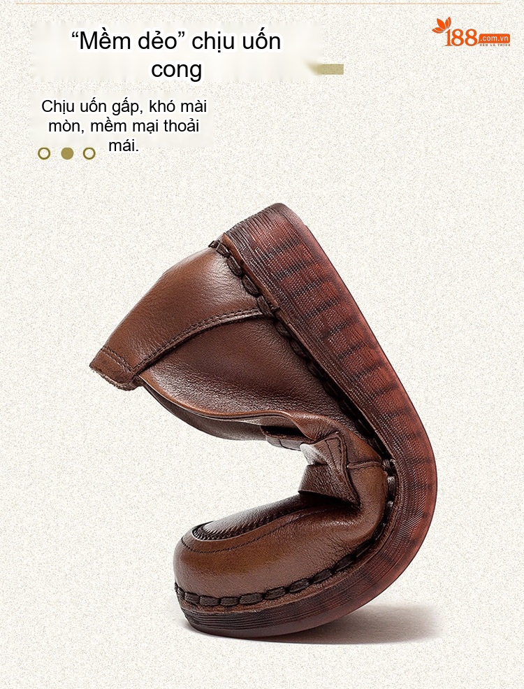 Giày Lười Nữ Da Bò Đầu Tròn Đế Xuồng Chiều Cao Đế Khoảng 3cm Màu Nâu, Đen chi tiết 4
