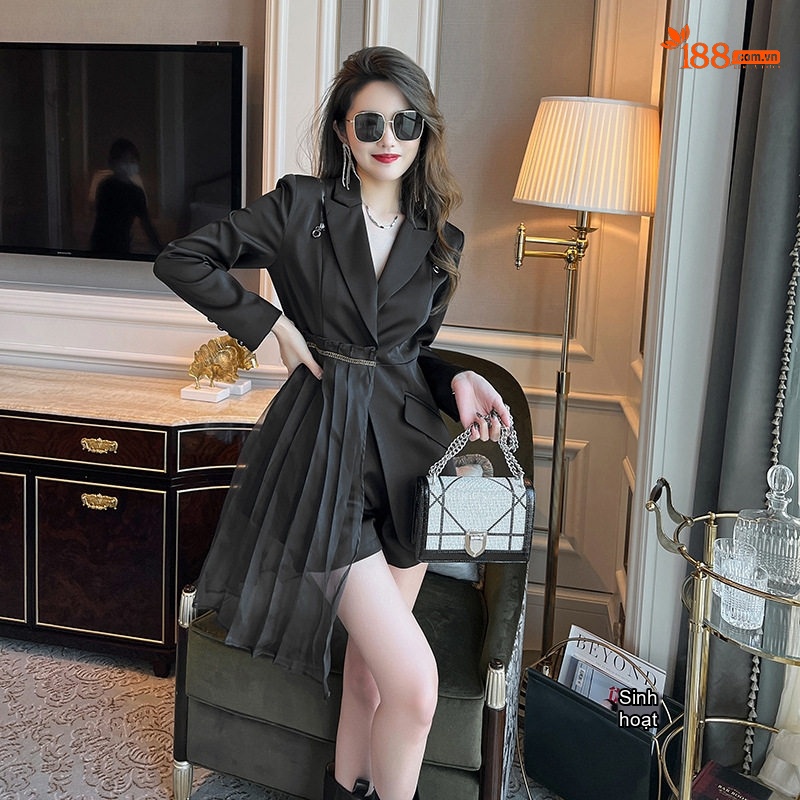 Đầm Vest Nữ Thiết Kế Tay Dài Cổ chữ Vest Chiết Eo Dáng Ngắn Màu Đen