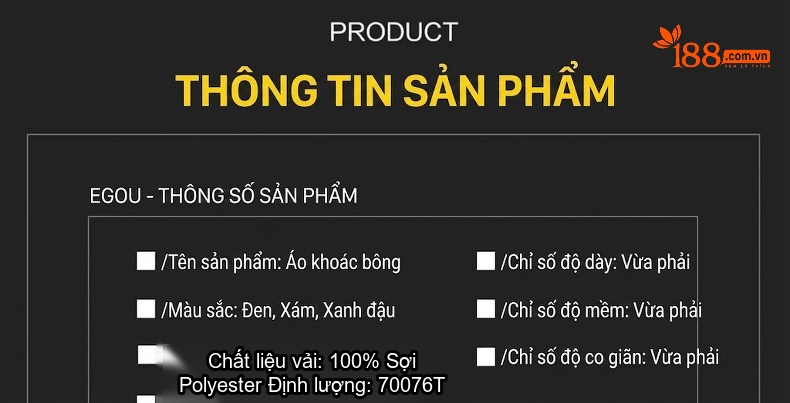 Áo Khoác Bông Nam Thu Đông Cổ Trụ Dáng Ôm Nhẹ Giữ Ấm Màu Đen, Xám, Xanh... chi tiết 8