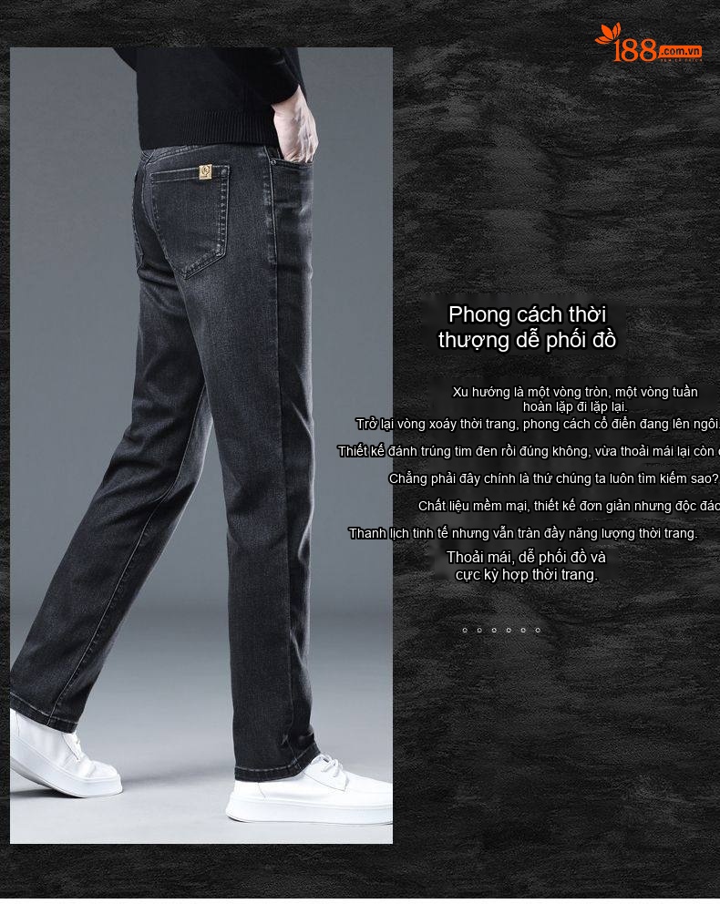 Quần Jean Nam Dáng Suông Vải Cotton Co Giãn Màu Đen Khói chi tiết 4