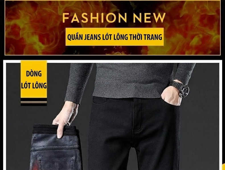 Quần Jean Nam Dáng Suông Dài Lót Lông Dày Ấm Màu Xanh Đậm chi tiết 22