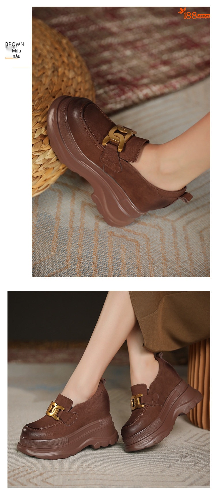 Giày Lười Nữ Đế Bánh Mì Phong Cách Anh Quốc Chiều Cao Đế Khoảng 5cm Màu Nâu, Đen chi tiết 6