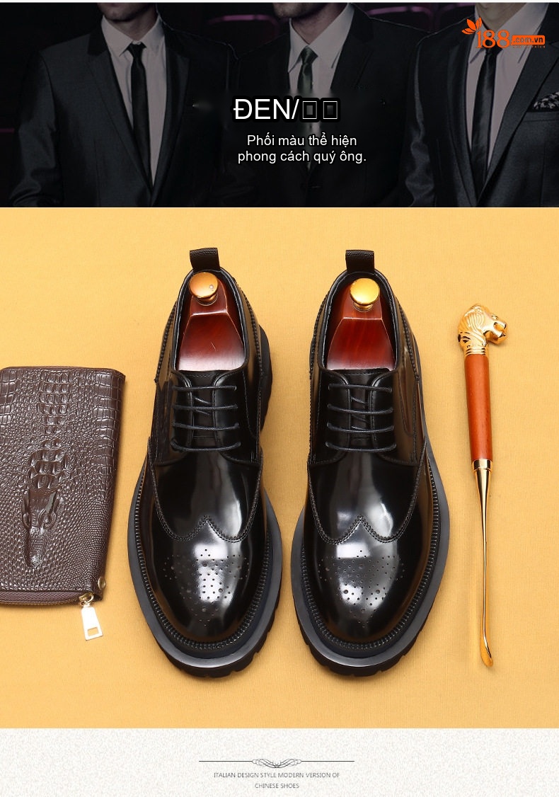 Giày Tây Buộc Dây Nam Da Bò Chiều Cao Đế Khoảng 4cm Kiểu dáng Brogue Màu Đen chi tiết 3