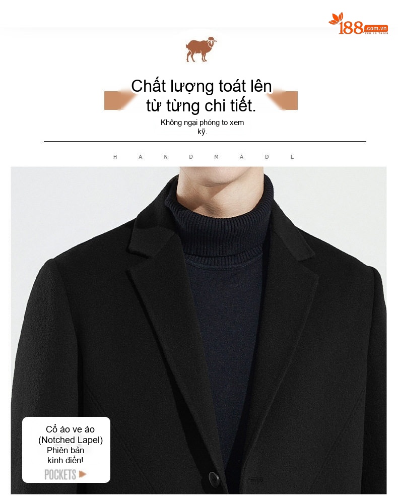 Áo Khoác Dạ Nam 100% Lông Cừu Dáng Dài Vừa Phong Cách Business Màu Xanh Navy, Xám, Nâu, Nâu Đậm... chi tiết 7