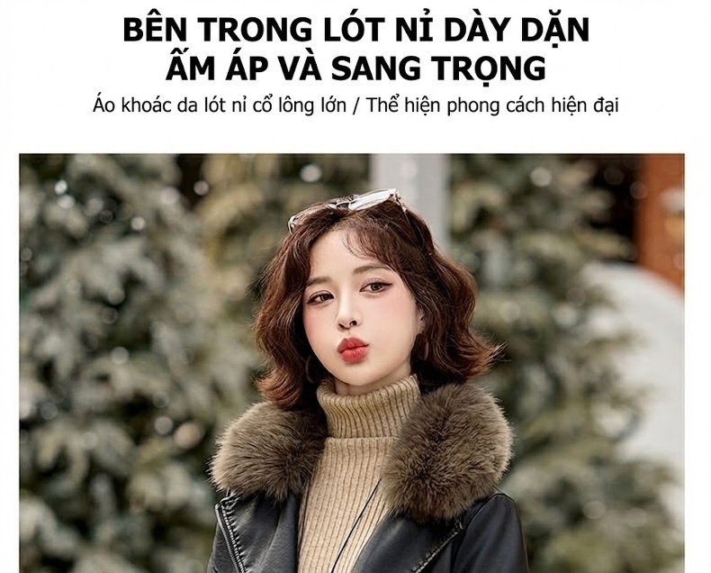 Áo Khoác Da PU Nữ Lót Lông Cổ Lông Dày Dặn Kiểu Motor Màu Đen, Nâu chi tiết 5