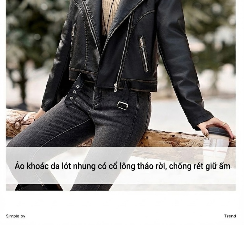 Áo Khoác Da PU Nữ Lót Lông Cổ Lông Dày Dặn Kiểu Motor Màu Đen, Nâu chi tiết 6