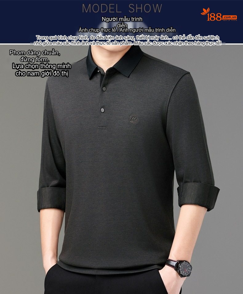 Áo Thun Polo Nam Tay Dài Cashmere Cổ Bẻ Phong Cách Doanh Nhân Màu Đen, Xám, Xanh Navy chi tiết 7