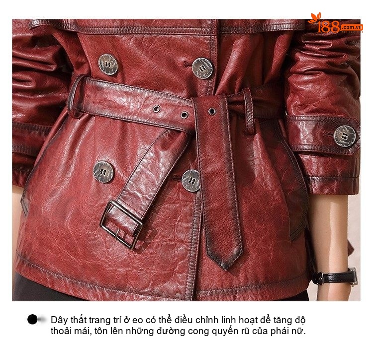 Áo Khoác Da Thật Nữ Dáng Ngắn Cổ chữ Vest Thời Trang Màu Đỏ chi tiết 15