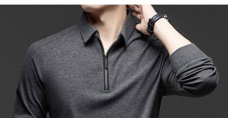 Áo Polo Nam Dài Tay Khóa Kéo Chất Liệu Cotton, Lụa Tằm, Len Lông Cừu Phong Cách Tối Giản Màu Xanh Navy, Nâu, Xám, Đen... chi tiết 5