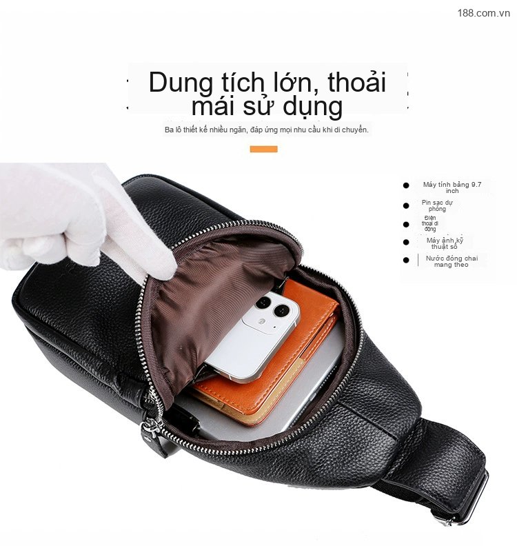 Túi Đeo Ngực Nam Da Bò Dây Đeo Chéo Hai Khóa Kéo Phong Cách Thời Trang Màu Đen chi tiết 6
