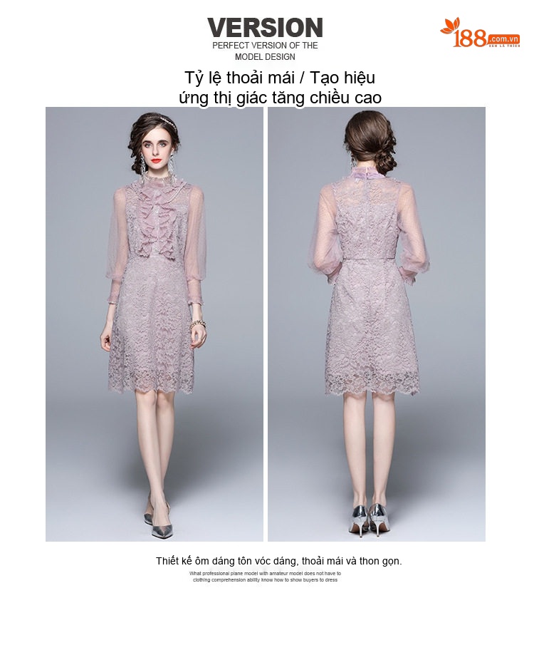 Váy liền thân Nữ Lưới Thêu Hoa Viền Ren Cổ Bèo Tay Lỡ Đính Đá Màu Tím chi tiết 4