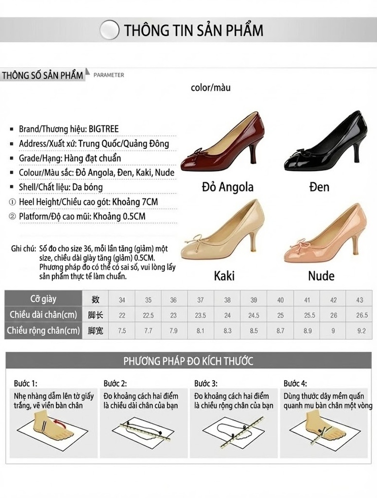 Giày Cao Gót Nữ Mũi Tròn Da Bóng Hở Lưng Chiều Cao Đế Khoảng 6cm Màu Đen, Kem, Đỏ Rượu, Hồng chi tiết 1