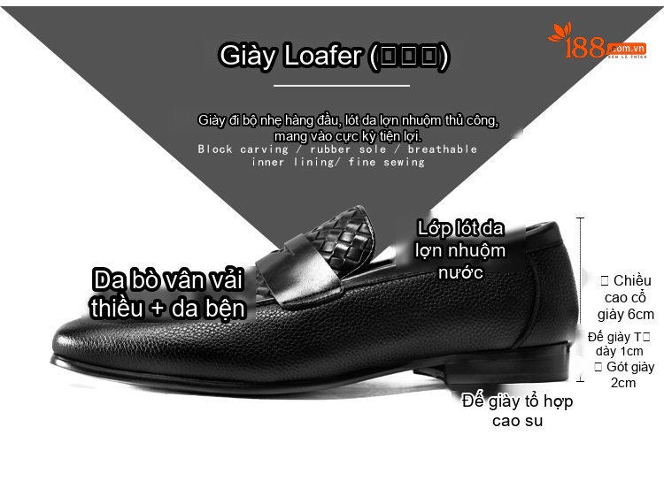 Giày Lười Nam Da Bò Thủ Công Chiều Cao Đế Khoảng 3cm Màu Đen chi tiết 2