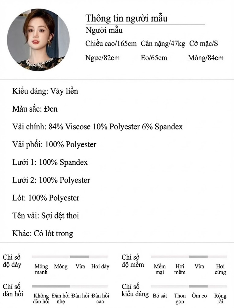 Váy liền thân Nữ Cổ Tròn Tay Bồng Chiết Eo Phong Cách Pháp Màu Đen chi tiết 2