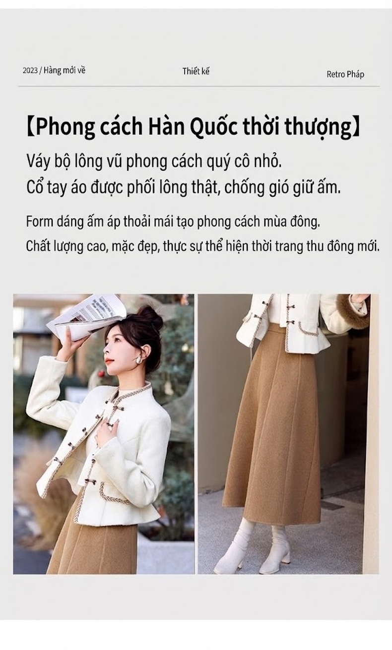 Set Bộ Áo Khoác Lông Cổ Tay và Chân Váy Phong Cách Trung Hoa Màu Trắng, Nâu chi tiết 4