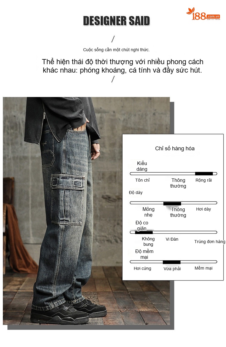 Quần Jean Cargo Nam Ống Rộng Thẳng Lưng Thun Co Giãn Nhiều Túi Phong Cách Retro Màu Xám Đen chi tiết 2